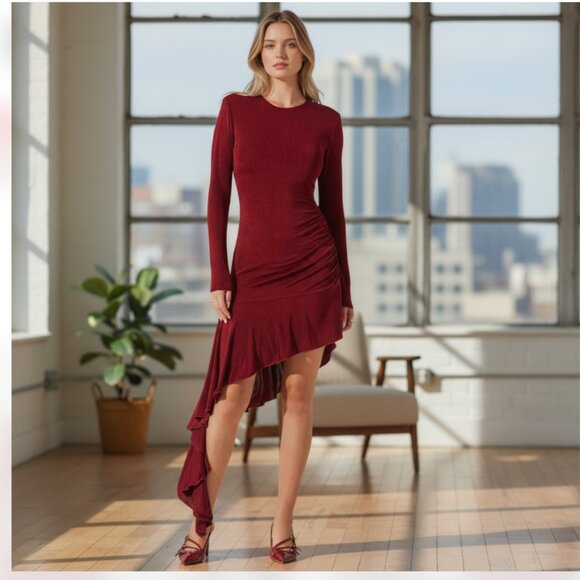 NWT ASTR the Label Metallic Long Sleeve Asymmetric Hem Minidress Large, WINE - Picture 1 of 7